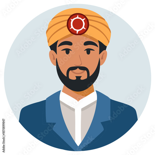 Vector Avatar of a Modern Businessman with a Beard Wearing a Traditional Turban and Suit