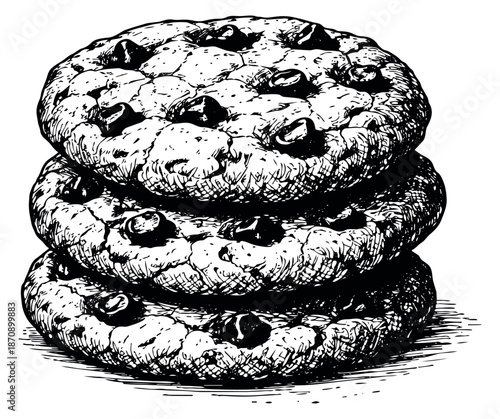 Hand drawn line art illustration of chocolate chip cookies depicting a delicious stack for sweet treats
