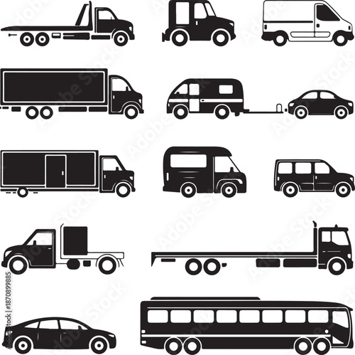 black and white icons of various vehicles for transport and haulage