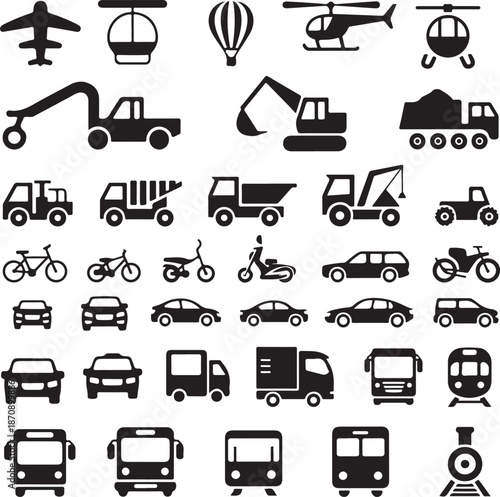 black and white icons of various vehicles and machines