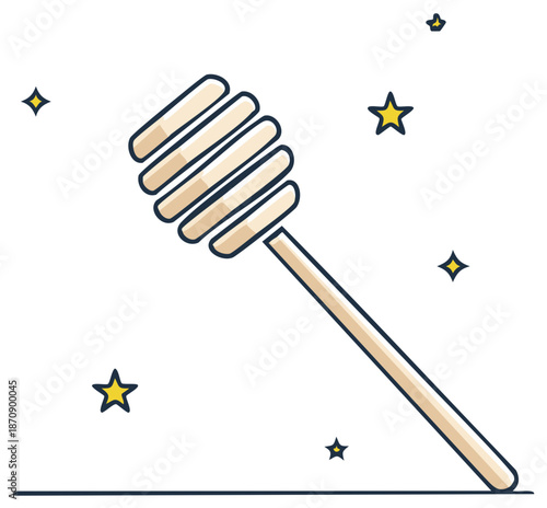 Simple wooden honey dipper stick with stars in flat design style