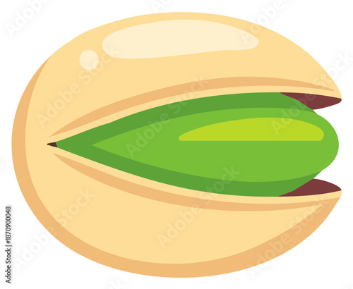 Isolated Cartoon Style Pistachio Nut with Open Shell Showing Green Kernel