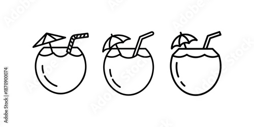 Three tropical coconuts with straws and umbrellas on white background
