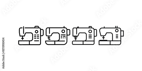 Row of four modern sewing machine vector line icons showing different mechanical styles