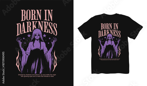 Born in Darkness Anime japanese t shirt designs, anime gothic streetwear graphic t shirt vector, girl dark art streetwear design, Youth Urban Design for Print, Urban Style, Graphic for Apparel.