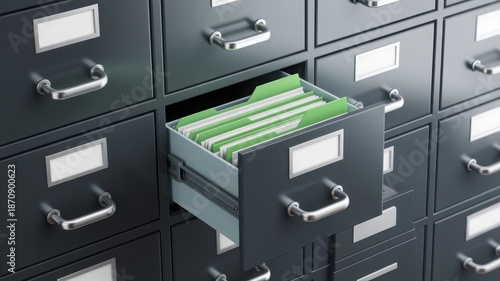 A file cabinet drawer pulled open filled with documents