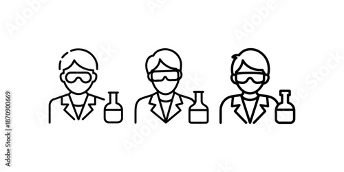 Three scientists wearing lab coats and safety glasses holding laboratory flasks outline icons
