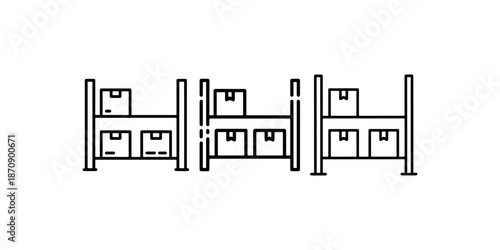 Three storage warehouse shelves stacked with multiple cardboard boxes icon outline vector illustration