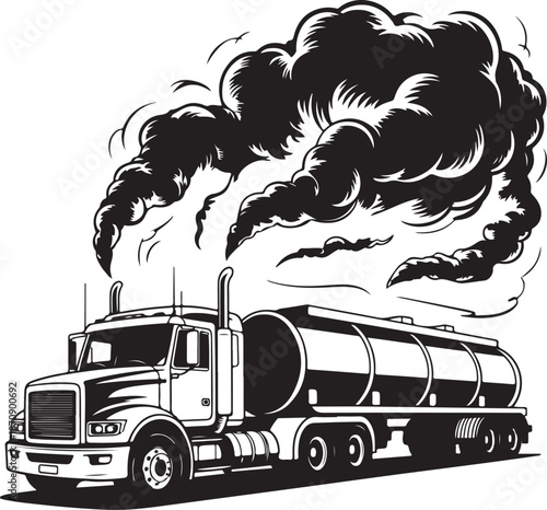 black and white truck with smoke from exhaust pipe