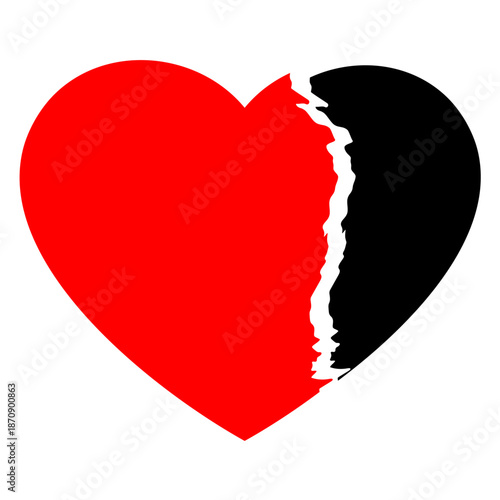 Professional Broken Heart Graphic Featuring a Striking Red and Black Split with Rough Torn Effect for Relationship Conflict Mental Health Awareness Sadness Themes and Modern Vector Illustration Art