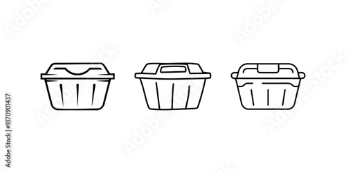 Three line art icons of takeaway food containers with handles and latched lids