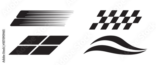 Set of Sports and Racing Graphic Decals Featuring Checkered Flag Patterns and Dynamic Speed Lines Silhouettes