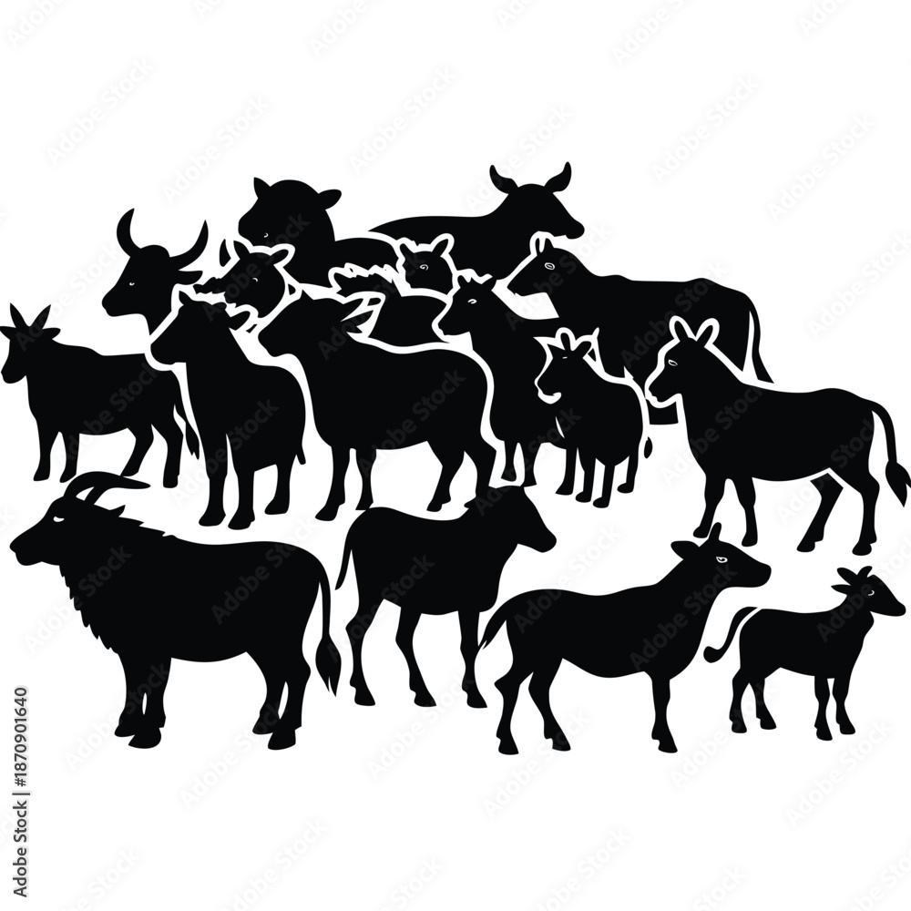 Fototapeta premium Animal silhouette collection. Set of black animal silhouette. Animal icons. Mammal, fish, insects, birds, reptiles silhouette collection. Wild, domestic animals icons