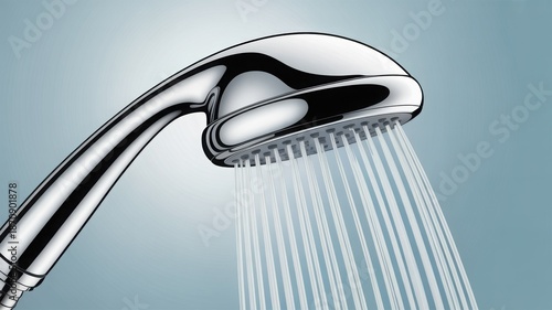 A close-up shot of a modern chrome shower head with water streaming out