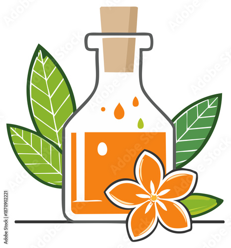 Essential oil bottle with leaves and flower, wellness spa