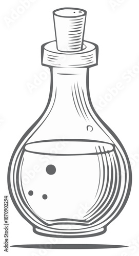 Mysterious glass bottle with cork stopper holding liquid in sketch style illustration