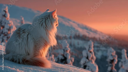 White Cat Sitting on Snowy Mountain at Winter Sunset