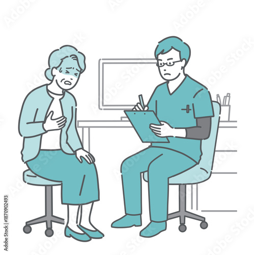 体調不良を訴える高齢女性と男性医師（スクラブ・救急・循環器）