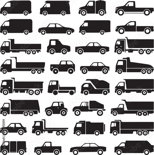 black silhouettes of various trucks and cars on white background