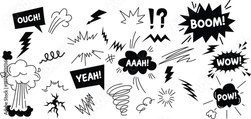 Hand drawn comic speech bubble set with pop art sound effects, Black and white cartoon speech bubbles and sound effect text pack vector Illustration.