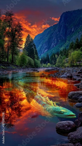 Enchanted River with Mythical Creature Reflection