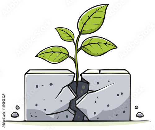 Plant growing through cracked concrete block illustration