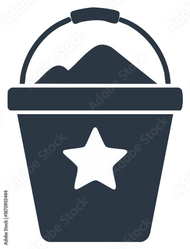 Bucket icon with star and filled sand, design element, isolated