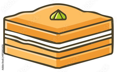 Stylized illustration of a layered dessert with cream filling and green topping
