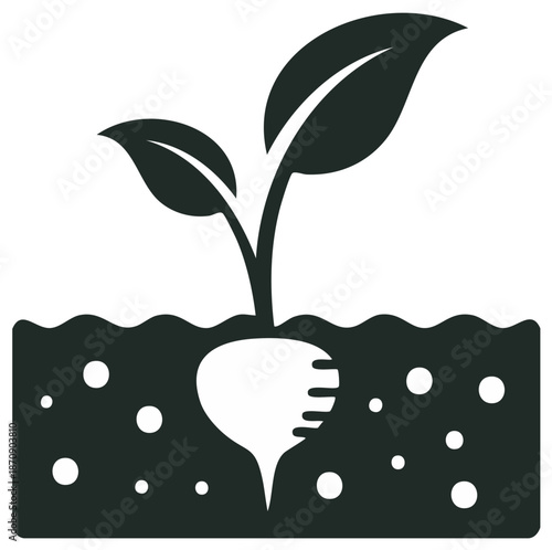 Simple graphic icon of a plant seedling with developing root crop in soil symbolizing growth