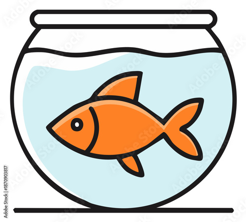 Simple icon of a cute orange pet fish swimming in a small aquarium bowl