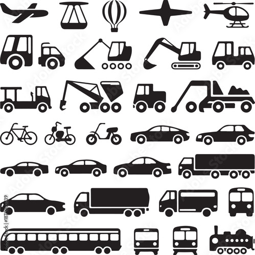black silhouettes of various vehicles and machines on white background