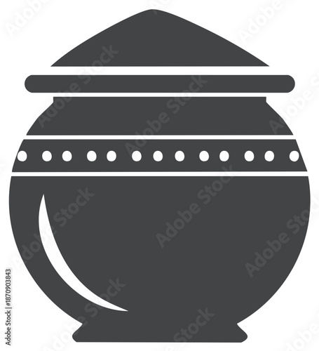 Graphic depiction of a covered ceramic pot with decorative dots suitable for cultural, cooking, or decorative uses