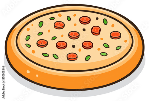 Cartoon illustration of a delicious whole pizza with toppings and a thick crust