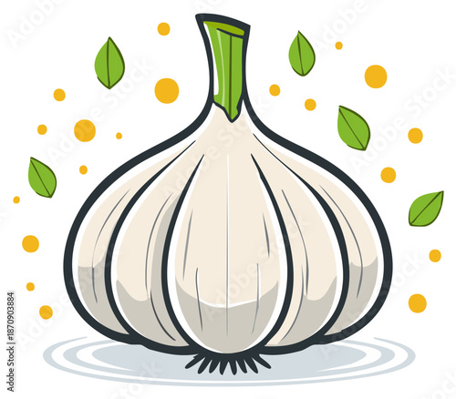 Stylized Fresh Garlic Bulb with Green Stem Leaves and Flavor Spice Elements