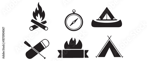 Set of Camping and Outdoor Adventure Icons Featuring Campfire, Compass, Tent, Canoe, and Hiking Gear Silhouettes on White Background