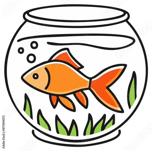 Simple line art illustration of a cute orange goldfish swimming in a glass fishbowl