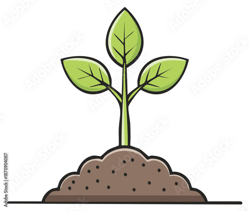 Cartoon green sprout plant with three leaves growing from a mound of rich soil new life and growth concept
