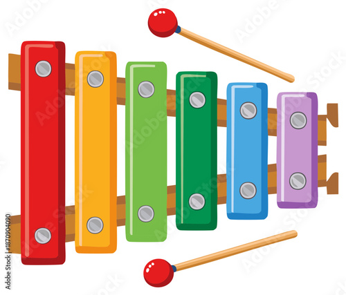 Children's toy xylophone musical instrument with colorful rainbow bars and mallets vector illustration