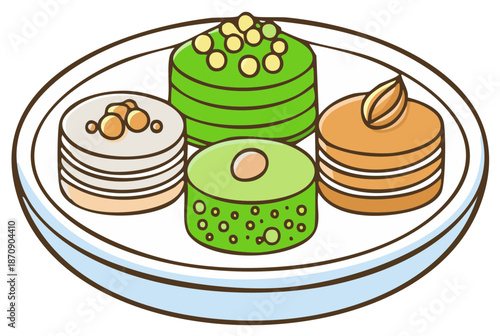 Delicious assortment of colorful mini cakes presented on a stylish white plate, dessert food illustration