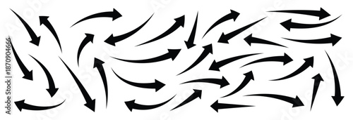 Hand-drawn arrows collection. Diverse directional elements including curved, wavy, spiral, straight, and zigzag arrows on white background.