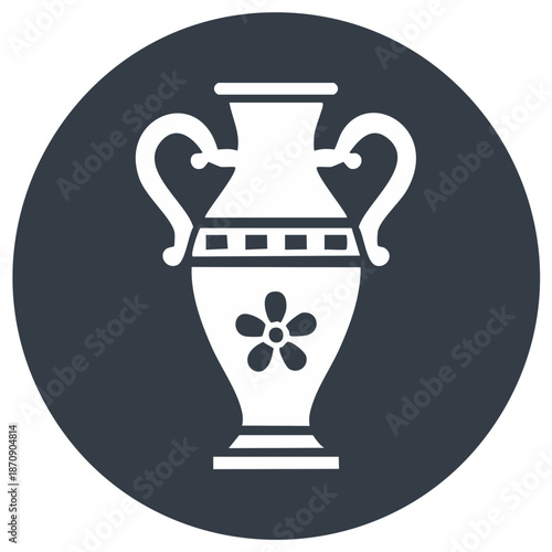Stylized Amphora Vase Icon with Handles and Flower Decoration on Dark Blue Circle