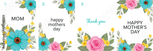 Happy Mothers Day floral frame illustration set with roses leaves thank you message and greeting designs