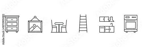 Furniture and home decor line icons. Stylish home interior icon set. Furniture line icons.