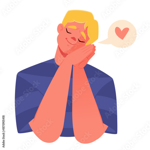 Cute vector illustration on the theme of emotions and feelings. Young guy has his head bowed dreamily with hands to cheeks, he is either in love or remembering pleasant moments 