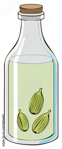 Clear glass bottle containing green cardamom pods infused in pale green liquid with a cork stopper