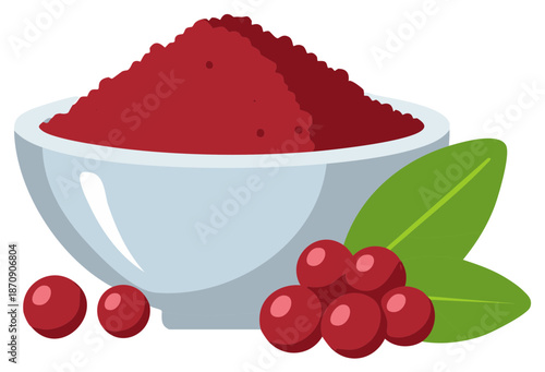 Bowl of cranberry powder with fresh red berries and green leaves vector illustration