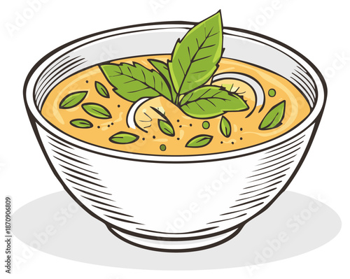 Illustration of a bowl of soup with basil, sliced onions, in a white bowl.