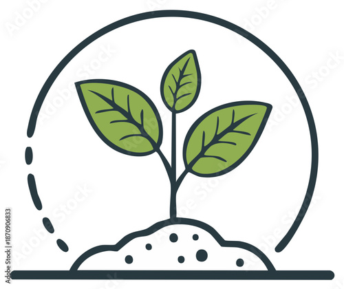Eco-friendly icon of a vibrant green seedling emerging from fertile soil, representing nature, growth, and sustainability.