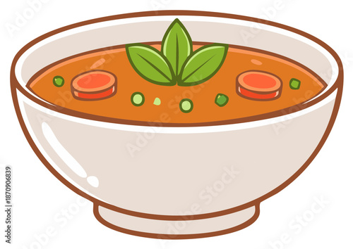 Hearty Bowl of Tomato Soup With Sliced Carrots and Green Peas Garnished with Basil Leaves