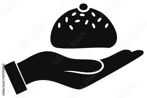 Offering Dessert: Hand Presents Sprinkled Pastry, Black and White Food Illustration